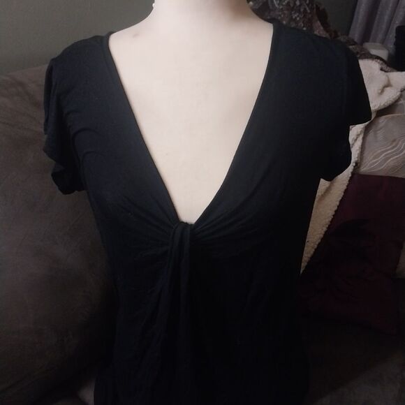 Natori Black Ruched Short Cap Sleeve T-Shirt - Picture 1 of 6